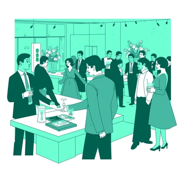 A teal ballroom filled with elegantly dressed attendees engaging in conversation and enjoying a silent auction. The guests wear a variety of formal attire, including long gowns and tailored suits. Some individuals are examining items displayed on sleek white tables, while others hold glasses of sparkling drinks. The atmosphere is lively as people interact, with soft lighting reflecting off the elegant decorations. Beautiful centerpieces consisting of flowers and candles adorn the tables, adding to the sophisticated ambiance of the event.