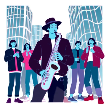 A street musician with medium skin tone, wearing a stylish black jacket and a fedora, is playing a silver saxophone on a bustling city corner. The musician is focused, with their eyes closed, fully immersed in the music. Surrounding the musician is a small crowd of diverse people, some nodding their heads to the rhythm, while others are taking out their phones to capture the moment. The background features tall buildings and bright neon lights, adding to the vibrant atmosphere of the city. A few bystanders are clapping and smiling, creating a lively scene filled with energy and interaction.