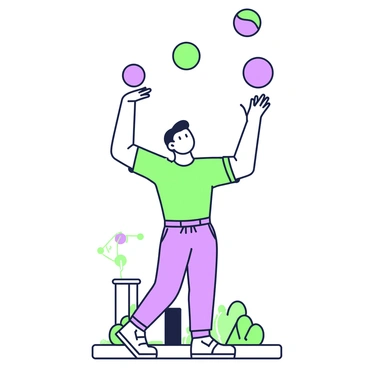 A juggler is positioned in the center of the image, with "focused eyes" directed upwards. They are wearing a fitted shirt and loose-fitting pants which allow for movement. The juggler is balancing "multiple balls" in the air, showcasing a dynamic pose with one arm raised and the other extended. The balls are in various positions, some reaching the peak of their arc while others are descending. The background includes subtle details of a performance area, such as a small stage and scattered props, creating an engaging atmosphere.