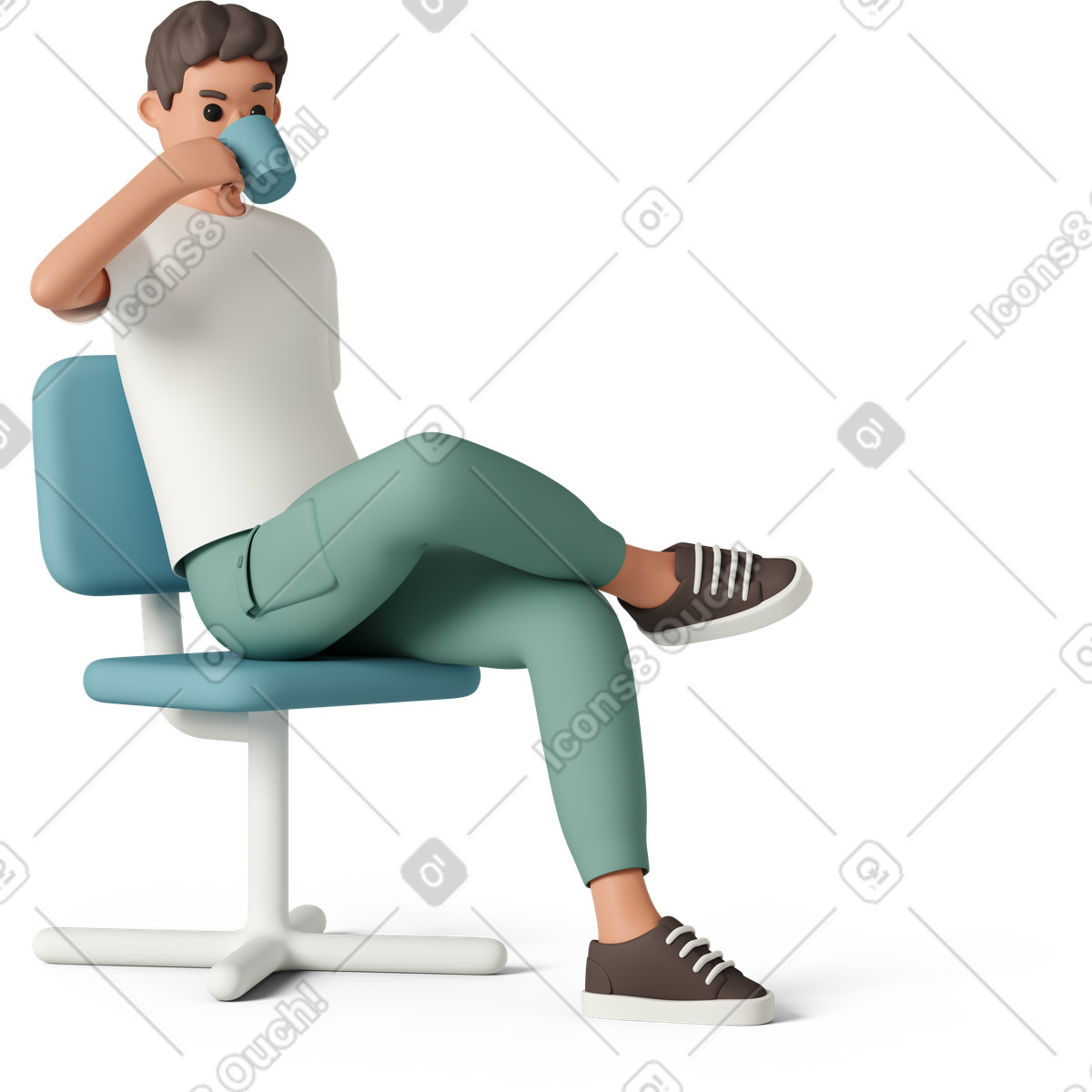 Young man sitting on the chair and drinking coffee illustration in 3D Casual life style download in PNG, SVG