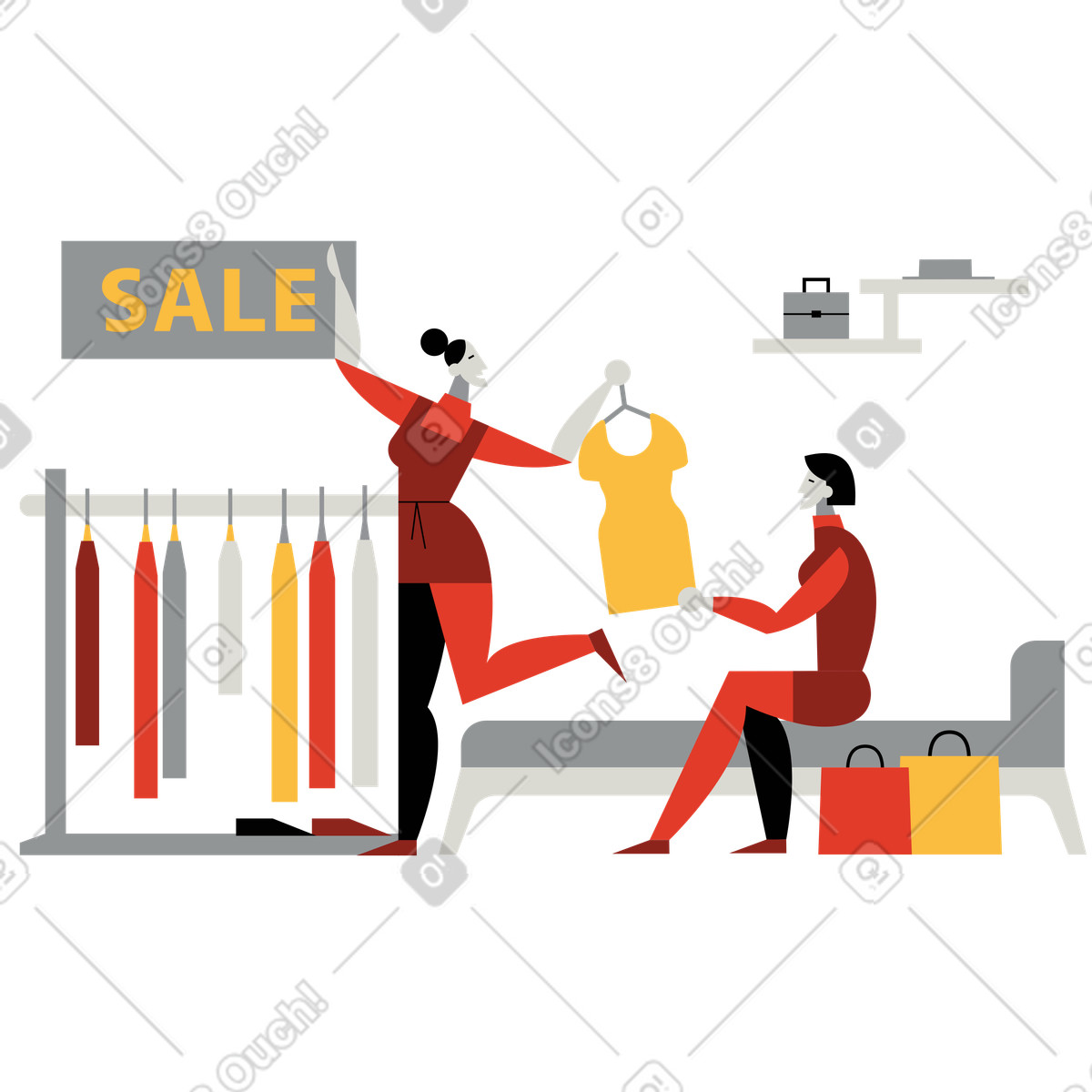 Ilustración Friends browsing clothes in store, Fashion shopping and social outing en estilo Burgundy a descargar en PNG y SVG