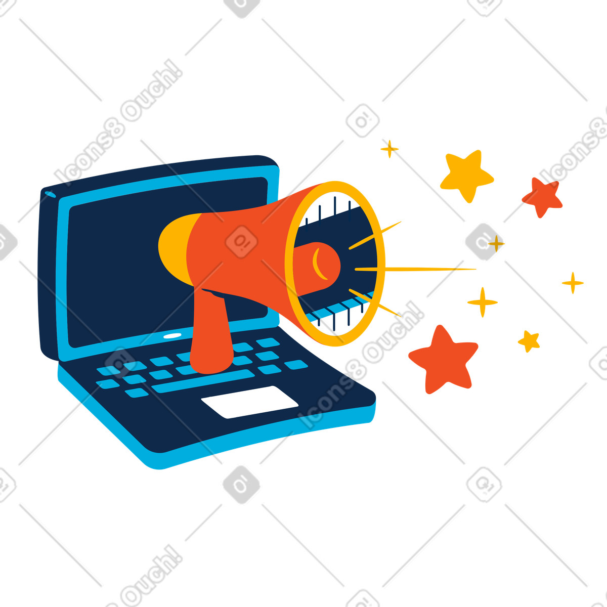 下载 Flame 风格的 Digital announcement via megaphone and laptop, marketing online promotion 插画，支持 PNG、SVG 格式