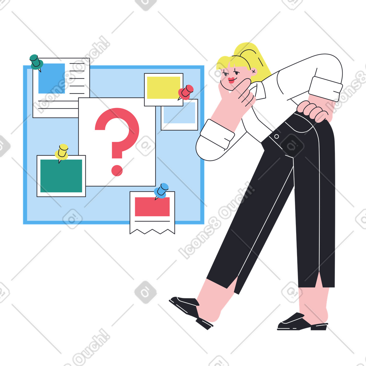 Ilustração de Mulher à procura pistas no quadro avisos em estilo Boba para baixar em PNG, SVG