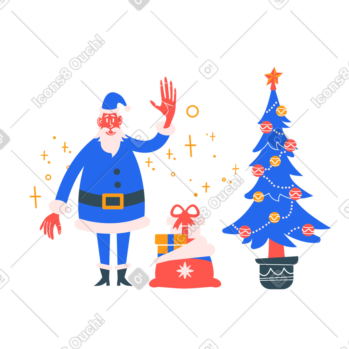 Santa waving next to gift sack and Christmas tree, greeting holiday giving illustration in Kingdom style download in PNG, SVG