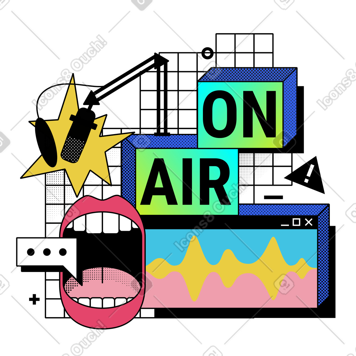 Ilustración animada Grabación de podcast en vivo con letras al aire. estilo Memphis a descargar GIF, Lottie (JSON), AE