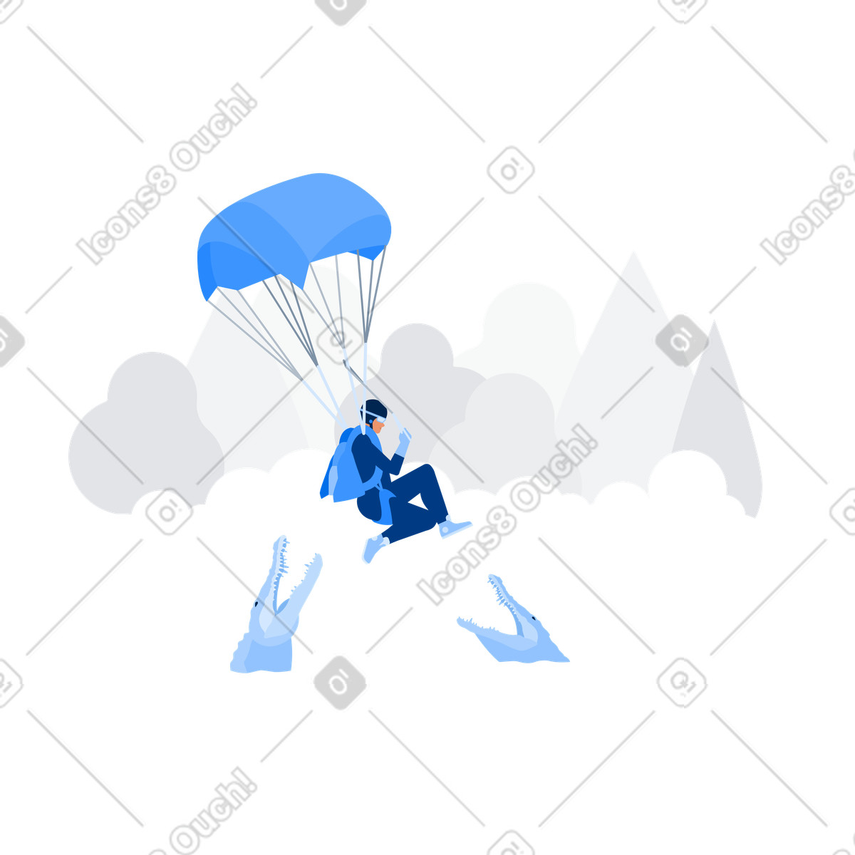 Parachutist descending toward alligators, Unexpected danger or fatal error illustration in Urban style download in PNG, SVG