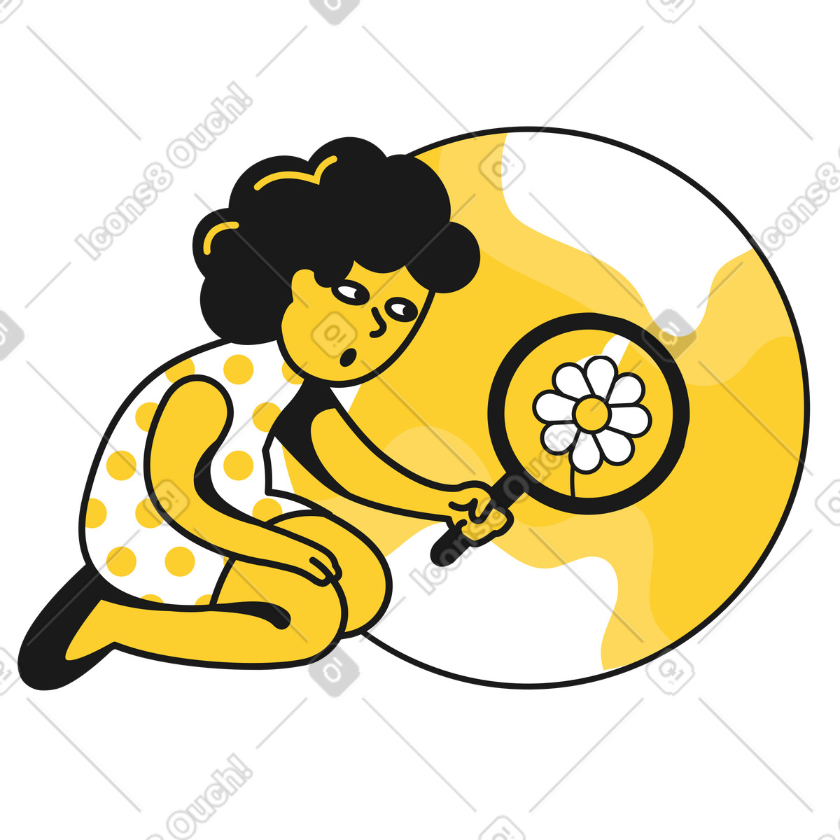 Illustration Girl looking at a daisy through magnifying glass dans le style Taxi à télécharger aux formats PNG, SVG