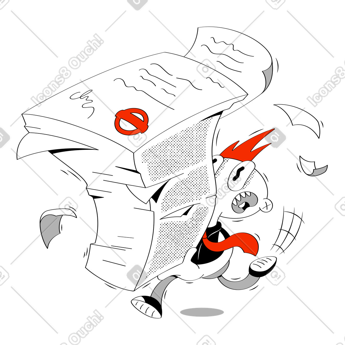 Nervous guy running with paperwork tower illustration in PNG, SVG