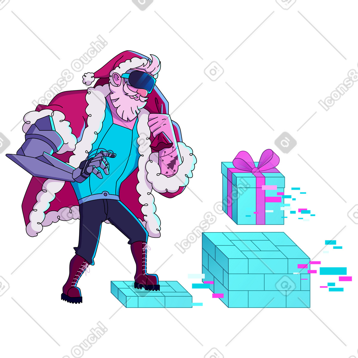 Cyber santa raccoglie regali virtuali illustrazione in stile Camp scarica in PNG, SVG