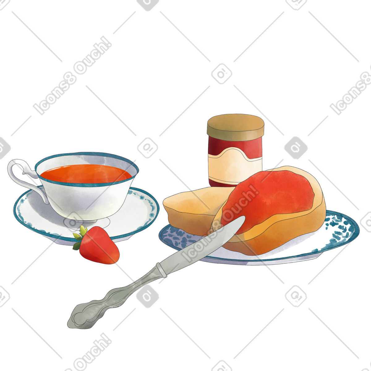 Tasse tee und brot mit marmelade-Illustration im Seasons-Stil als Download in PNG, SVG