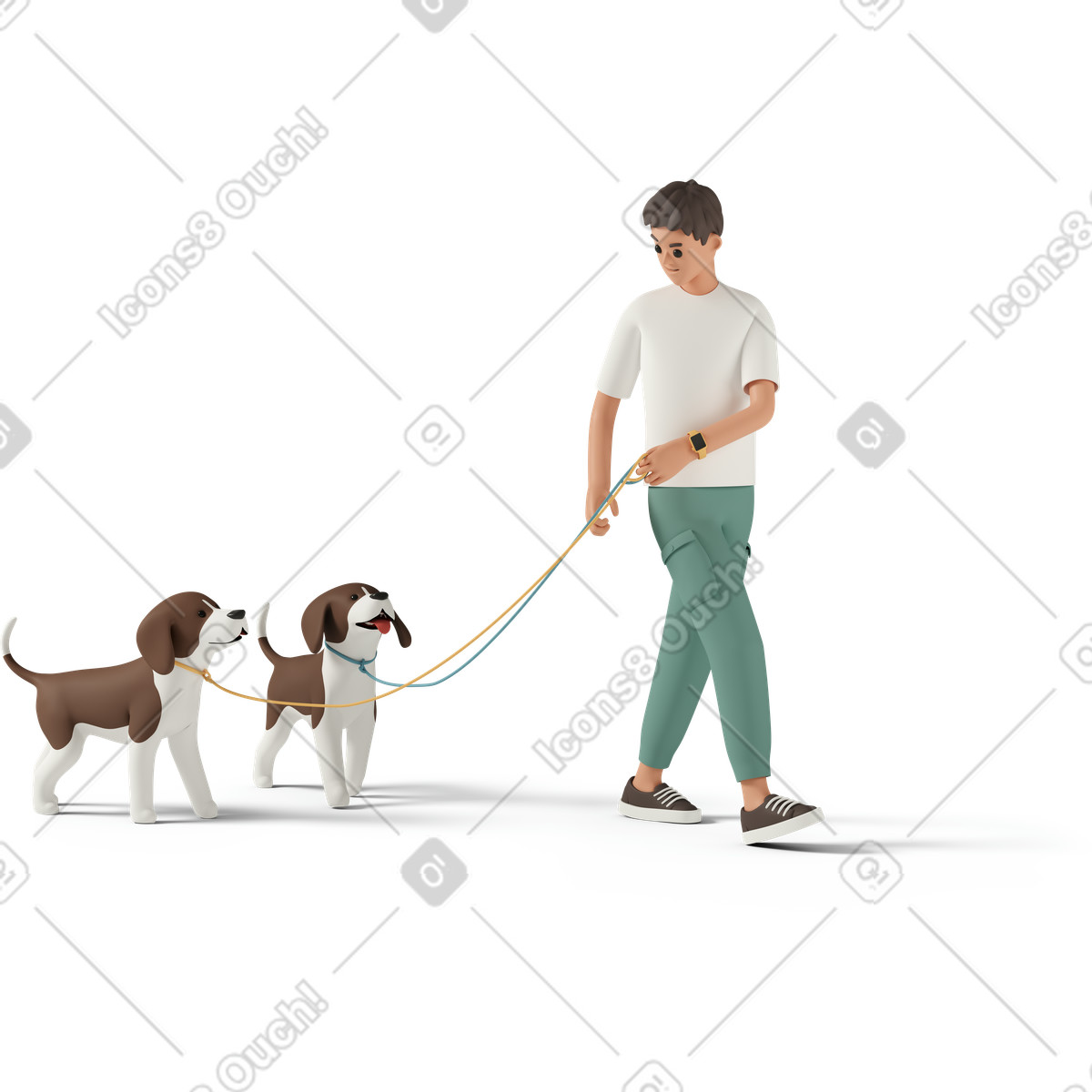3D Casual life 스타일의 Man walking two dogs on leash 일러스트레이션 PNG, SVG 다운로드