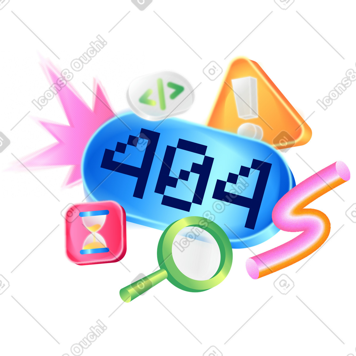 Composition 404 with thematic objects and icons illustration in PNG, SVG