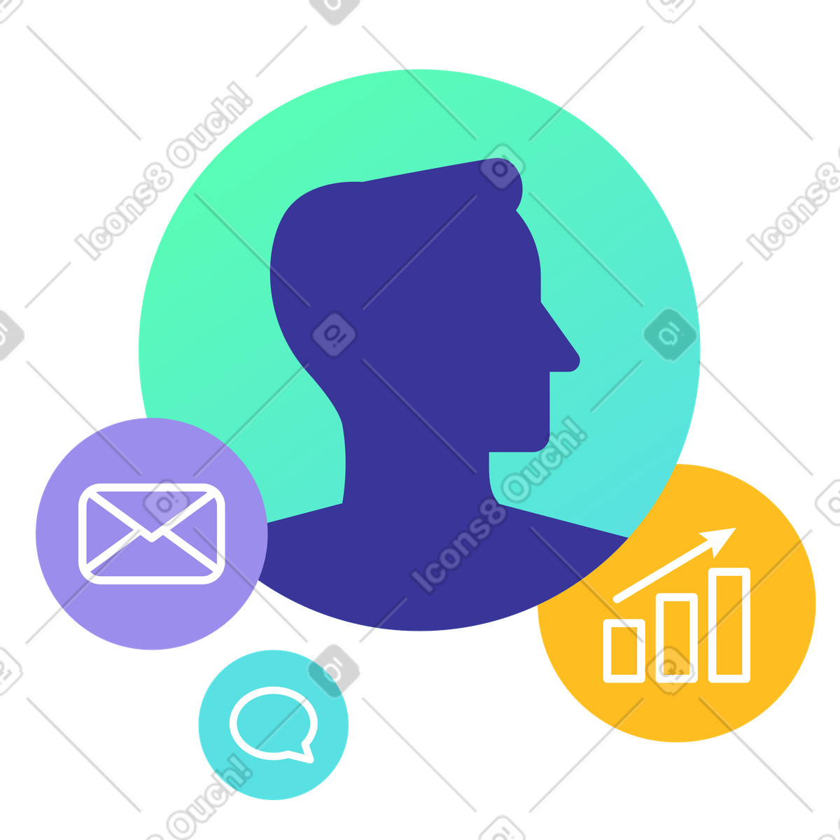 Benutzeravatar mit analyse- und messaging-symbolen, digitalem profil oder online-identität-Illustration im Bright-Stil als Download in PNG, SVG