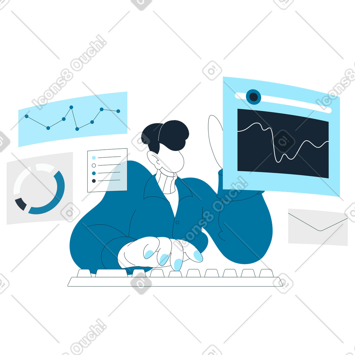 Data analyst reviewing charts and graphs, metrics monitoring for business insights illustration in PNG, SVG