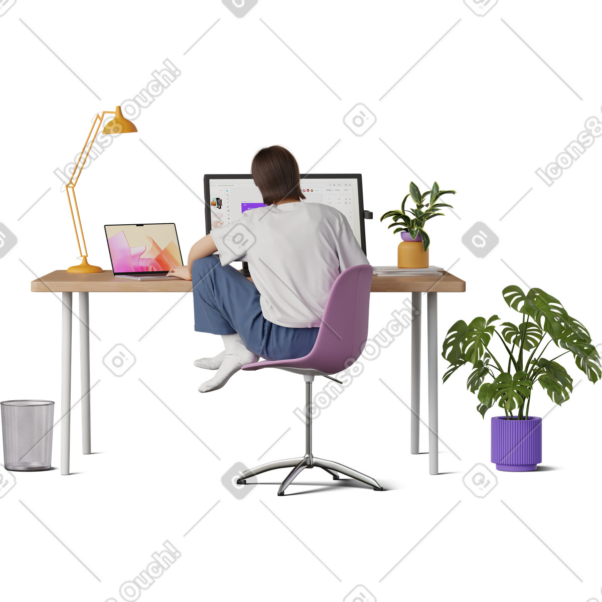 Illustration Young woman working on graphic tablet dans le style 3D Hygge à télécharger aux formats PNG, SVG