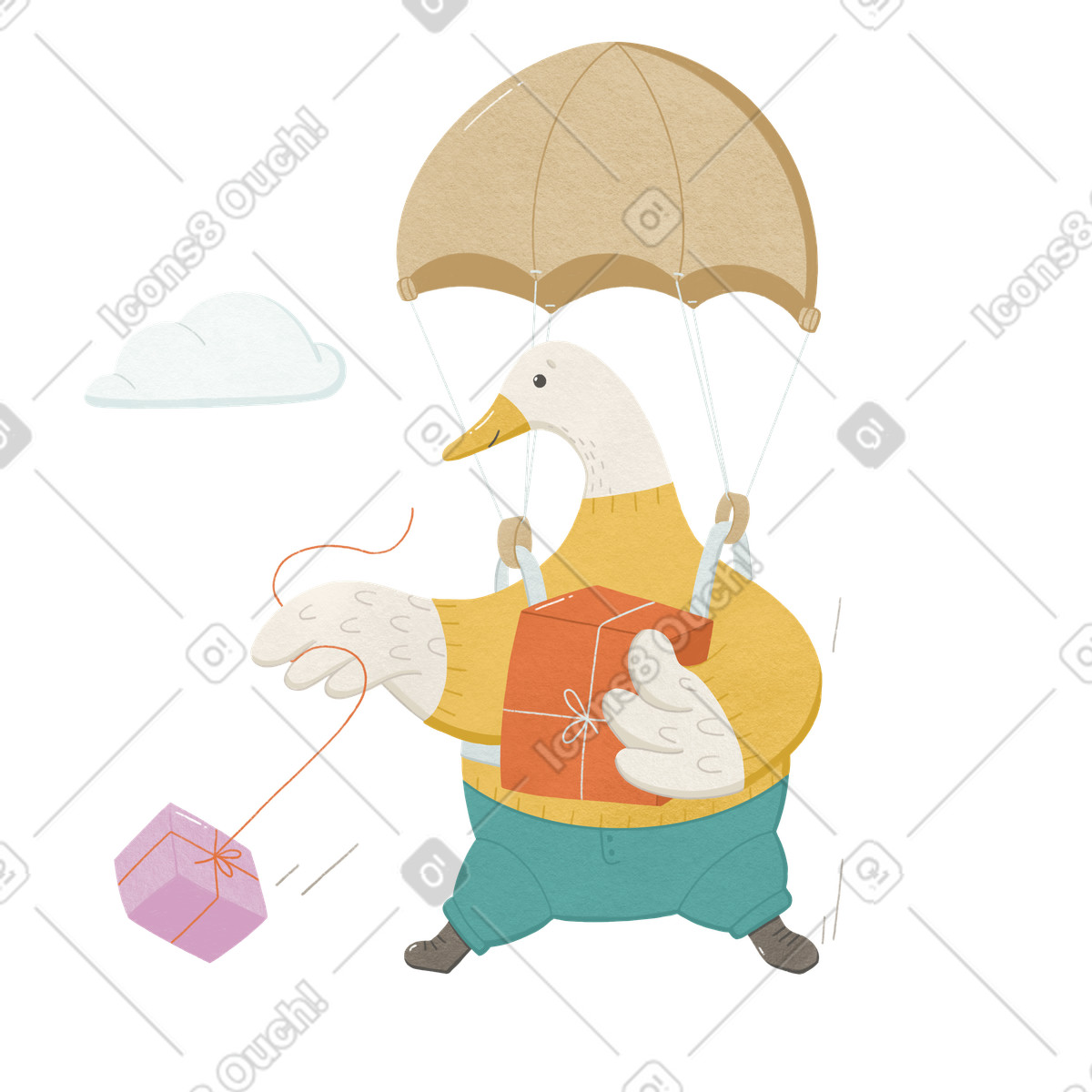 Goose スタイルの ガチョウはパラシュートでギフトボックスを配達します のイラストをPNG、SVG形式でダウンロード