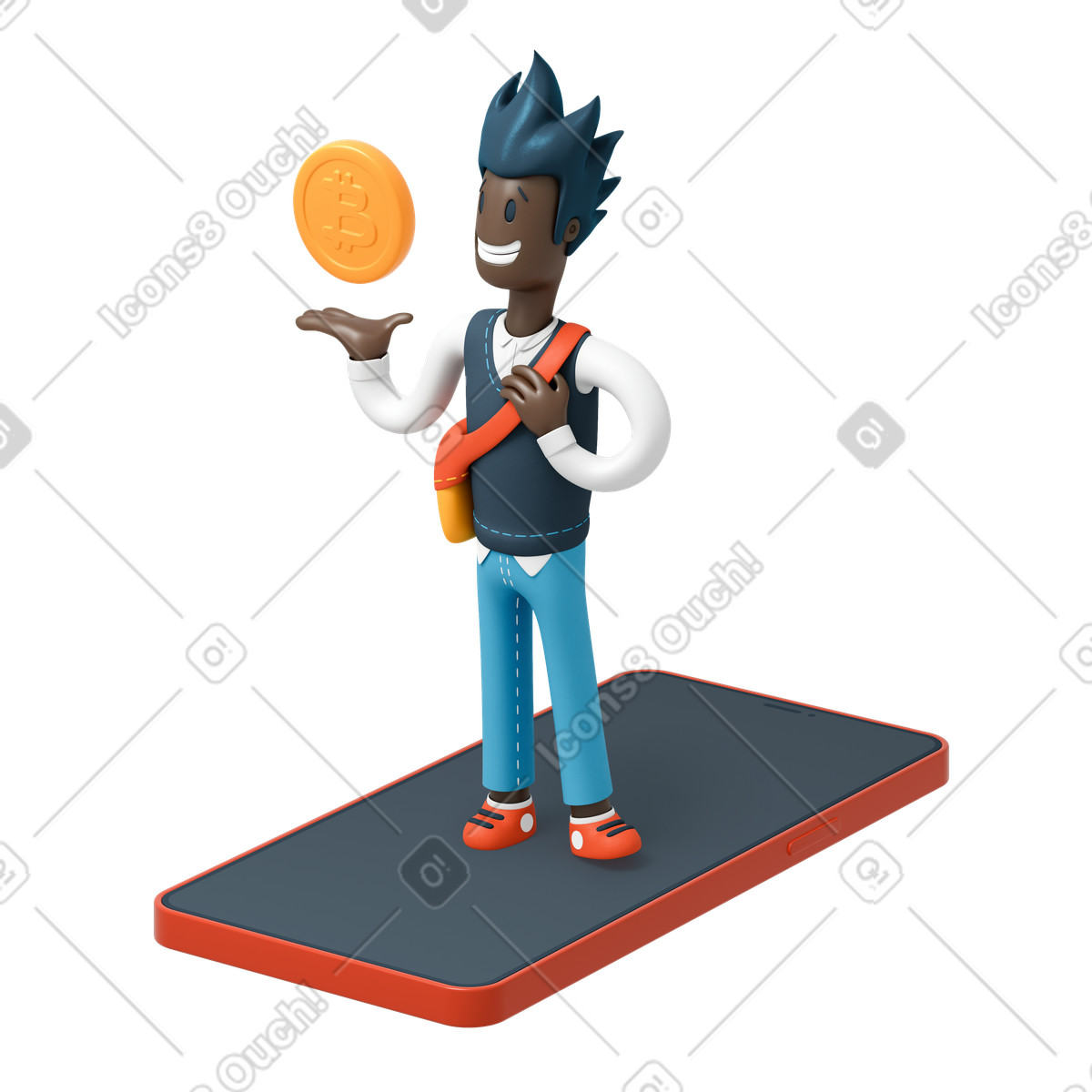 Uomo con moneta bitcoin in piedi sul telefono illustrazione stile 3D Flame scarica PNG, SVG