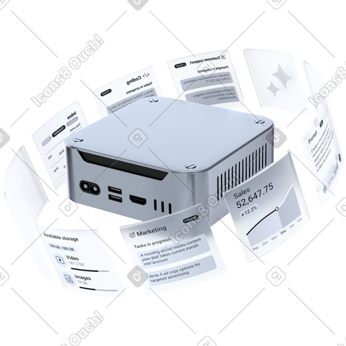 3D Pro スタイルの Mini pc surrounded by floating marketing dashboards and analytics interface panels のイラストをPNG、SVG形式でダウンロード