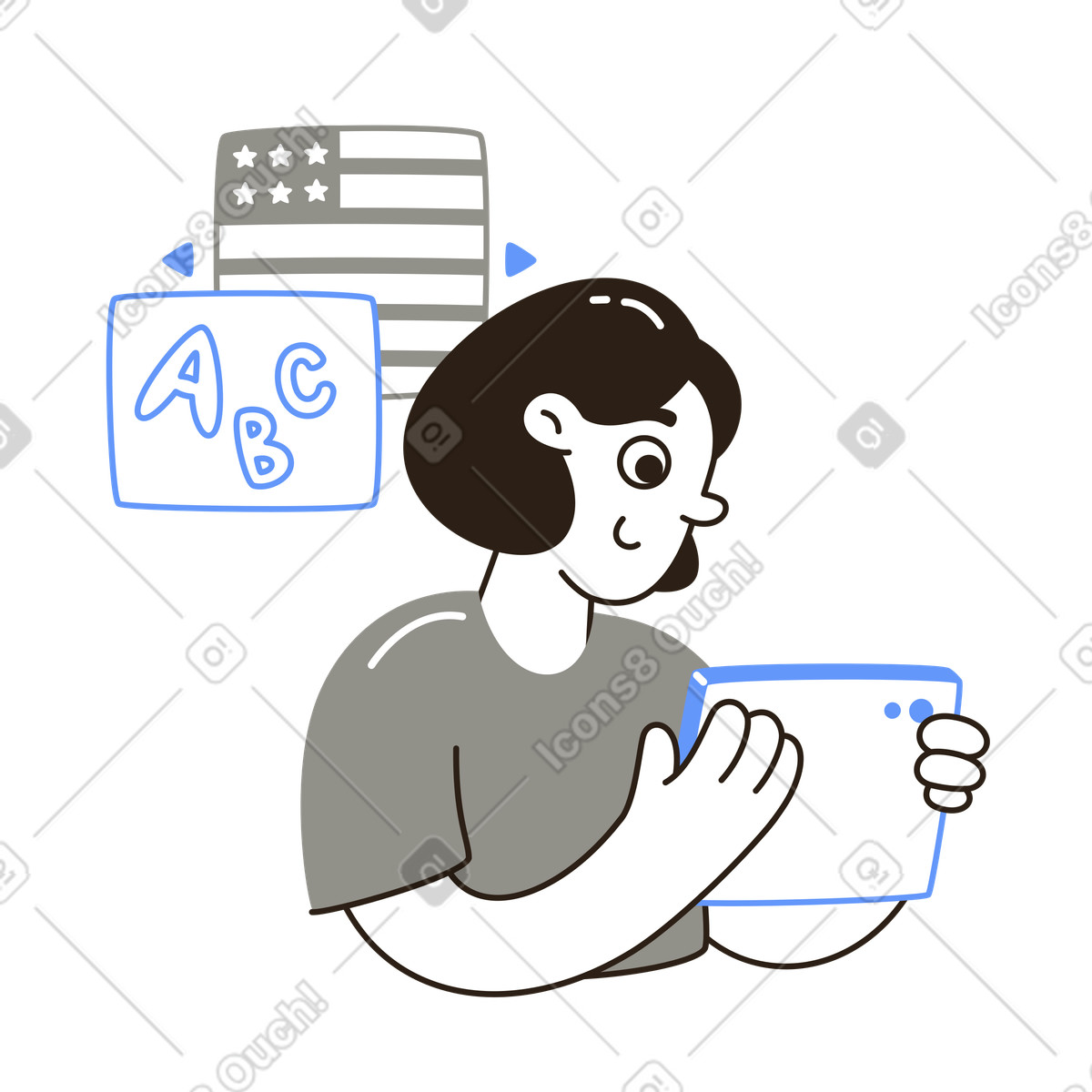 Uso de tabletas para estudiar lenguas extranjeras, educación a distancia y superación personal illustration in PNG, SVG