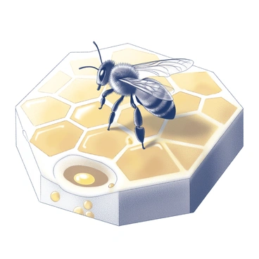 A close-up view of a bee interacting with a honeycomb structure. The bee is perched on the hexagonal cells, its wings slightly spread and antennae actively sensing the environment. The honeycomb is filled with golden honey, glistening in the light, and showcases intricate patterns of wax. The bee's body is covered in fine hairs, collecting pollen as it moves from cell to cell. There are tiny droplets of honey pooling at the entrance of one cell, and the background is softly blurred to focus on the delicate details of the bee and the honeycomb.