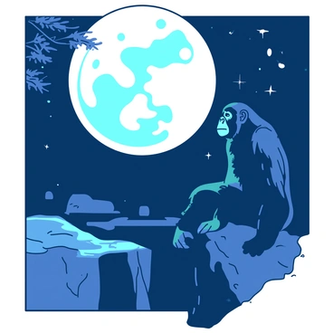 A teal gorilla is sitting on the edge of a rocky cliff, gazing up at a large, luminous moon that dominates the night sky. The moon casts a soft, silvery light, illuminating the gorilla's fur and the surrounding rocks. Below the cliff, a dark abyss extends into the distance, contrasting with the brightness of the moon. The gorilla's expression reflects a sense of wonder as it looks towards the sky, with stars twinkling faintly around the moon. The atmosphere is quiet, with only the sound of the wind rustling through the leaves of trees in the background.