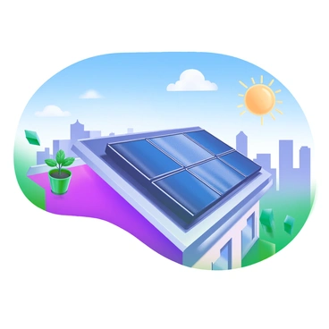 A rooftop featuring numerous solar panels positioned to collect sunlight. The panels are sleek and reflect the bright blue sky above. Surrounding the rooftop are a few potted plants, adding a touch of greenery. In the background, a distant city skyline can be seen under clear, sunny weather. Sunlight creates highlights on the panels, emphasizing their modern design.