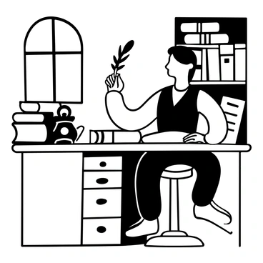 A man with a distinguished hairstyle seated at a wooden desk, with papers scattered around him. He holds a quill pen in one hand, poised above the manuscript he is writing. An inkpot sits on the desk, reflecting the focused atmosphere. The background consists of shelves filled with books, and a window allows light to filter into the room, illuminating the scene.