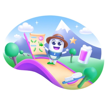 A cartoon character with big, expressive eyes and a cheerful smile is standing at the start of a vibrant path. The character is wearing a colorful explorer outfit with a hat, and they are holding a map that features dental icons. Along the path, there are various whimsical trees and oversized dental tools, like a giant toothbrush and a floss container. In the background, a sparkling mountain range rises, symbolizing the journey ahead. The sky above is bright blue with a few fluffy clouds, creating a sense of excitement and adventure. The character looks determined, ready to embark on their quest for the "perfect dental implant."