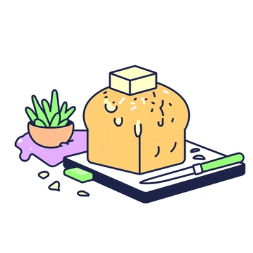 A loaf of freshly baked bread is placed on a wooden cutting board. The crust of the bread is golden brown and has a rustic texture. A generous piece of Amul butter sits atop the loaf, gradually melting down the sides. A knife rests beside the board, with some crumbs scattered around. In the background, there is a small bowl filled with mixed herbs, adding a hint of green. The scene captures the warmth and inviting nature of fresh bread and butter.