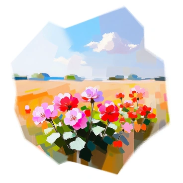 A wide field filled with clusters of red and pink geraniums under a blue sky