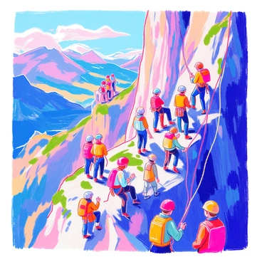 A group of adults is engaged in a rock climbing adventure on a scenic cliffside. They are diverse in age, gender, and ethnicity, showcasing a variety of climbing gear including helmets, harnesses, and climbing shoes. The cliff is rugged with sharp rock faces and patches of green moss. In the background, a breathtaking view of distant mountains and a blue sky can be seen. Some climbers are ascending the cliff, while others are anchored at the top, encouraging their peers below. A few spectators are positioned safely at the base, watching the climbers with excitement. The atmosphere is filled with energy and determination.