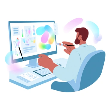 An artist is sitting at a desk focused on their work. They are using a PC with Microsoft Paint open on the screen. The artist is in the process of creating a vibrant digital masterpiece, with colorful brush strokes visible on the canvas. Various tools and color palettes are displayed on the screen, showcasing a variety of hues. The workspace is filled with sketches and notes, indicating the creative process. A warm light is illuminating the scene, enhancing the atmosphere of artistic dedication.