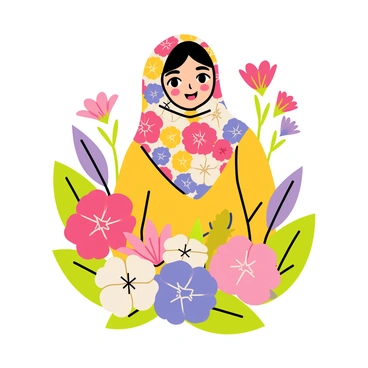 A girl wearing a hijab with a vibrant floral pattern that features a mix of bright colors like red, yellow, and blue. She has a warm smile on her face. Surrounding her are various blooming flowers in shades of pink, purple, and white, creating a lively garden atmosphere. The flowers are depicted in different sizes and shapes, adding depth to the scene. The background is filled with green leaves, enhancing the colorful display of the flowers.