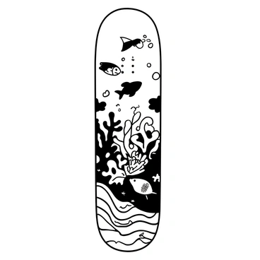 A skateboard deck with a detailed illustration of an underwater scene. The design includes various fish swimming among intricate coral formations. The coral is diverse in shape and texture, showcasing a range of patterns. Bubbles rise from the fish as they navigate through the scene. The deck has waves gently flowing across the surface, giving a sense of movement to the underwater environment.