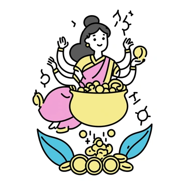 A golden pot overflowing with ancient coins and treasures. The pot is held by "Goddess Lakshmi," who is depicted with four arms. She is adorned with elaborate jewelry and a flowing red and gold saree. Her expression is serene as she gracefully holds the pot, with coins cascading down into a pile below. Rich emerald green leaves surround her, adding to the wealth theme. The scene is completed with glimmers of gold and silver reflecting the light.