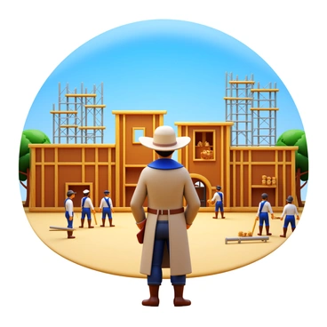 "Sam Houston" stands in the foreground, observing the construction of a new town. He wears period-appropriate attire, including a long coat and a wide-brimmed hat. Surrounding him, several buildings are in various stages of construction, with wooden frames being erected and workers actively involved in the process. Tools and materials are scattered around, with scaffolding rising against a clear blue sky. The scene conveys a sense of growth and development, with a dusty ground and a few trees in the background, providing context to the bustling activity taking place.