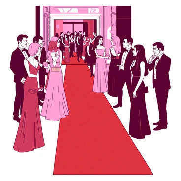 A red carpet leading up to an elegant venue is filled with guests arriving at a glamorous gala. The guests are dressed in stunning high-fashion attire, showcasing a variety of styles, including long flowing gowns, sharp tailored suits, and intricate accessories. Some guests are holding sparkling clutch bags, while others wear statement jewelry that catches the light. The atmosphere is vibrant with excitement as attendees greet each other with warm smiles, posing for photographs against the backdrop of the beautifully decorated entrance.