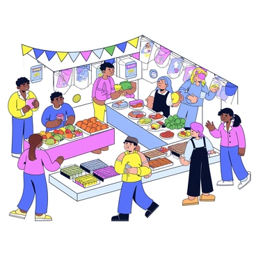 A bustling marketplace filled with various stalls displaying a wide array of goods. Different people from diverse cultures are engaged in lively exchanges, showcasing fruits, vegetables, textiles, and handmade crafts. The scene is animated with individuals wearing traditional clothing representative of their backgrounds. Some vendors are calling out, inviting customers to explore their wares. Colorful banners and signs hang overhead, adding to the vibrant atmosphere of the market.