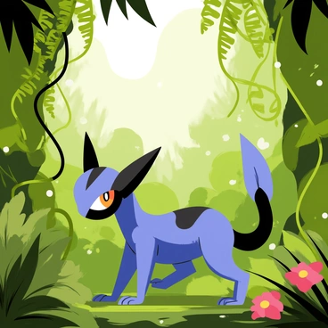 A "Greninja" positioned among lush green foliage in a dense rainforest, blending seamlessly into the misty surroundings. The vibrant blue and black skin of Greninja is highlighted as it crouches low, camouflaged among the shadows cast by large leaves. Soft wisps of mist curl around the scene, enhancing the atmosphere of the rainforest. Various shades of green from ferns and vines envelop Greninja, while hints of colorful flowers peek through the greenery, adding contrast to the setting. The light filters through the thick canopy above, creating dappled patterns on the forest floor.