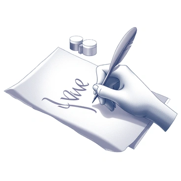 A hand is elegantly poised, holding a quill pen above a piece of parchment. The fingers are delicately positioned as they guide the quill, which is drawing intricate calligraphy letters. The parchment is textured, displaying slight wrinkles and a natural beige appearance. In the background, there are faint outlines of ink pots and additional writing tools, suggesting a classic writing setup. The scene captures the fluid motion of the quill as it creates beautiful, flowing letters on the surface.