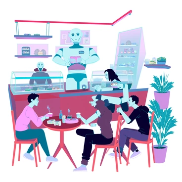 A cozy cafe filled with a warm ambiance, featuring wooden furniture and soft lighting. Friendly robots with sleek metallic bodies and expressive LED faces are serving coffee and assorted pastries to customers seated at small tables. The robots have articulated arms gracefully handing cups and treats to patrons, who are enjoying their beverages. A glass display case showcases an array of colorful pastries, while potted plants add a touch of greenery to the space. The walls are adorned with art that blends technology and nature, creating a harmonious atmosphere.