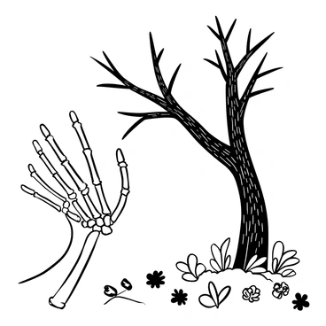 A hand reaching out to touch a tree, with transparent bones visible.