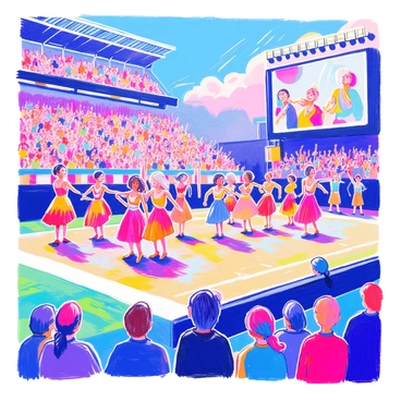 A vibrant halftime show is taking place on the field, featuring a group of dancers in colorful costumes. The dancers are in mid-performance, showcasing dynamic movements and formations. Bright stage lights illuminate the scene, enhancing the energy of the event. In the background, a cheering crowd can be seen with various expressions of excitement. The field is decorated with large banners and decorations that add to the festive atmosphere.