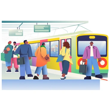 Commuters are gathered on a crowded platform as they prepare to board a metro train during the busy morning hours. A diverse group of people of different ethnicities, including a man with dark hair wearing a blue suit and a woman with curly hair in a yellow coat, is seen holding onto briefcases and bags. The metro train, painted in vivid colors, is arriving at the station with its doors open, ready for passengers. Some commuters are stepping onto the train while others are waiting in line, creating an atmosphere of movement and urgency. The station is equipped with bright fluorescent lights, and advertisements are displayed on the walls, adding to the bustling environment.
