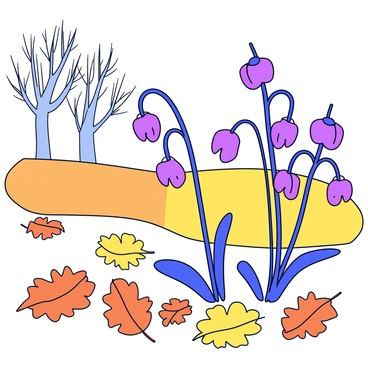 A group of allium flowers with drooping heads, their purple petals fading in color, is depicted in the foreground. The flowers stand amidst a carpet of fallen leaves in shades of orange, brown, and yellow. In the background, a gently rolling landscape is seen, where trees are stripped of their foliage, leaving behind bare branches silhouetted against a soft, muted sky. The ground is covered with a mix of dried grass and more leaves, creating a textured appearance throughout the autumn scene.