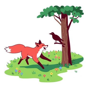 A red fox is running joyfully through a vibrant green meadow sprinkled with colorful wildflowers. The fox has a bushy tail held high, and its fur is shining in the sunlight. Nearby, a black crow is perched on a thick branch of a tall, leafy tree. The crow is watching the fox intently, with its wings slightly spread as if ready to take flight. The atmosphere is lively and filled with the colors of spring.