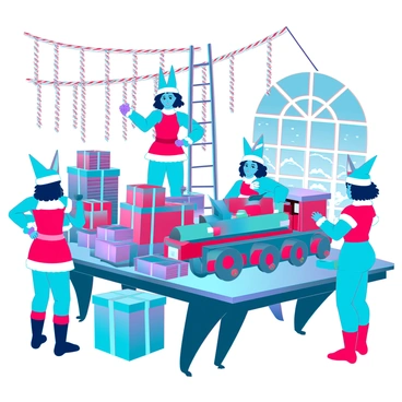 Elves in a workshop making toys and decorating with candy canes