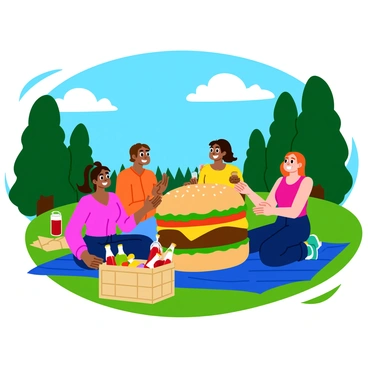 A group of four friends sitting on a picnic blanket in a green park setting. They are gathered around a gigantic, multi-layered burger that is stacked high with lettuce, tomatoes, pickles, and melted cheese. Each friend holds a piece of the burger, smiling and laughing as they prepare to take a big bite. Behind them, tall trees provide shade and a clear blue sky is dotted with fluffy white clouds. A picnic basket filled with snacks and drinks sits nearby, adding to the cheerful atmosphere.