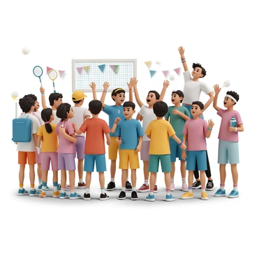 A group of young kids, dressed in colorful sports uniforms, are buzzing with excitement in a gymnasium. They are gathered in a small huddle, some with brightly colored headbands and wristbands. One boy, wearing a blue shirt, is enthusiastically giving a thumbs up, while another girl, dressed in a red shirt, is jumping up with her arms raised high. A few kids are holding badminton rackets and water bottles, while others are clapping and cheering. The atmosphere is filled with energy as they support a teammate on the nearby court, where a match is taking place. The bright gymnasium lights illuminate their happy faces and the colorful banners hanging on the walls.