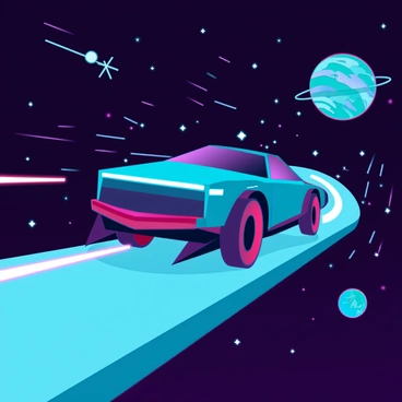 An express car driving on a road suspended in space with stars and planets around